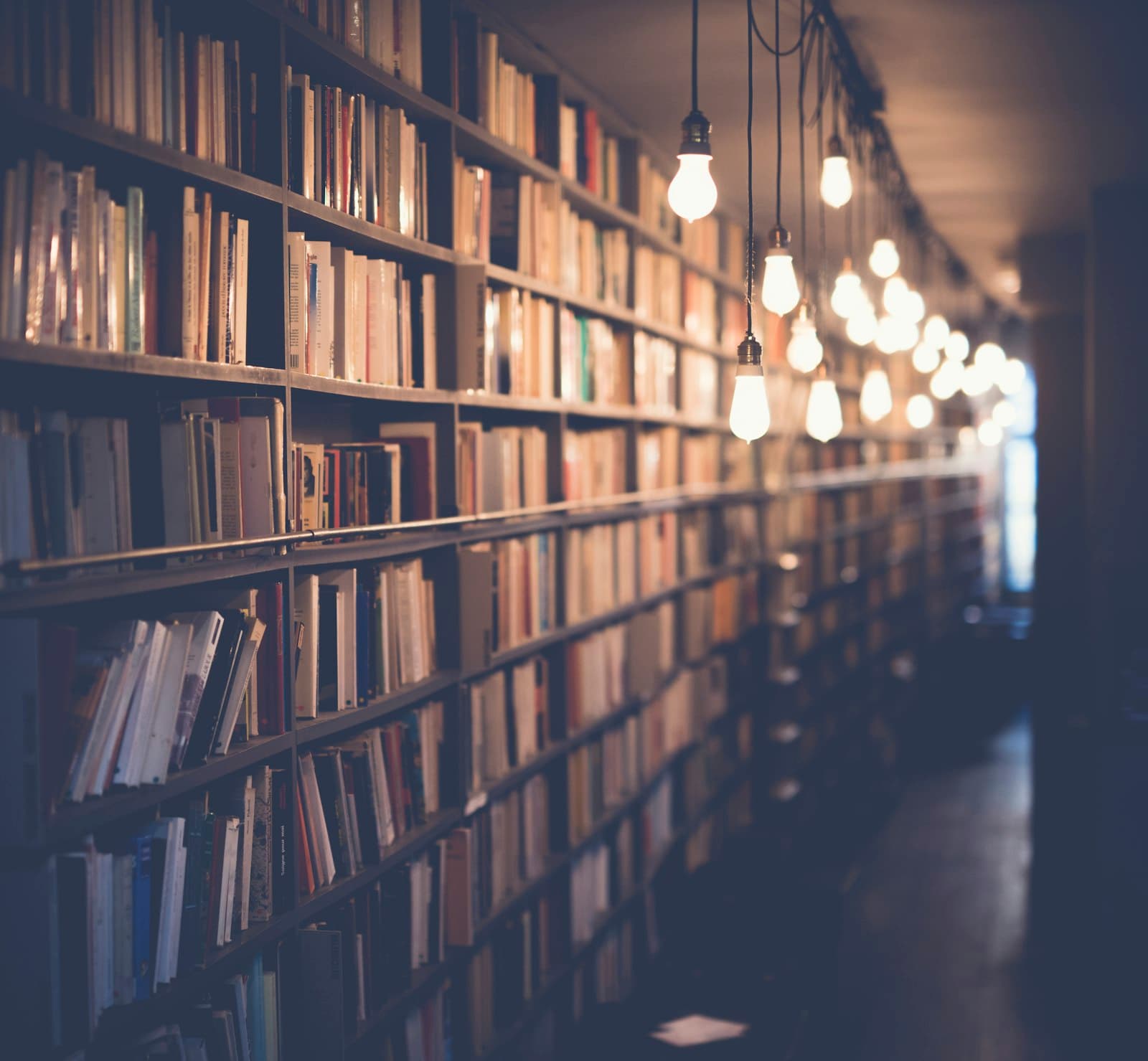 Library shelves running into the distance under hanging light bulbs.